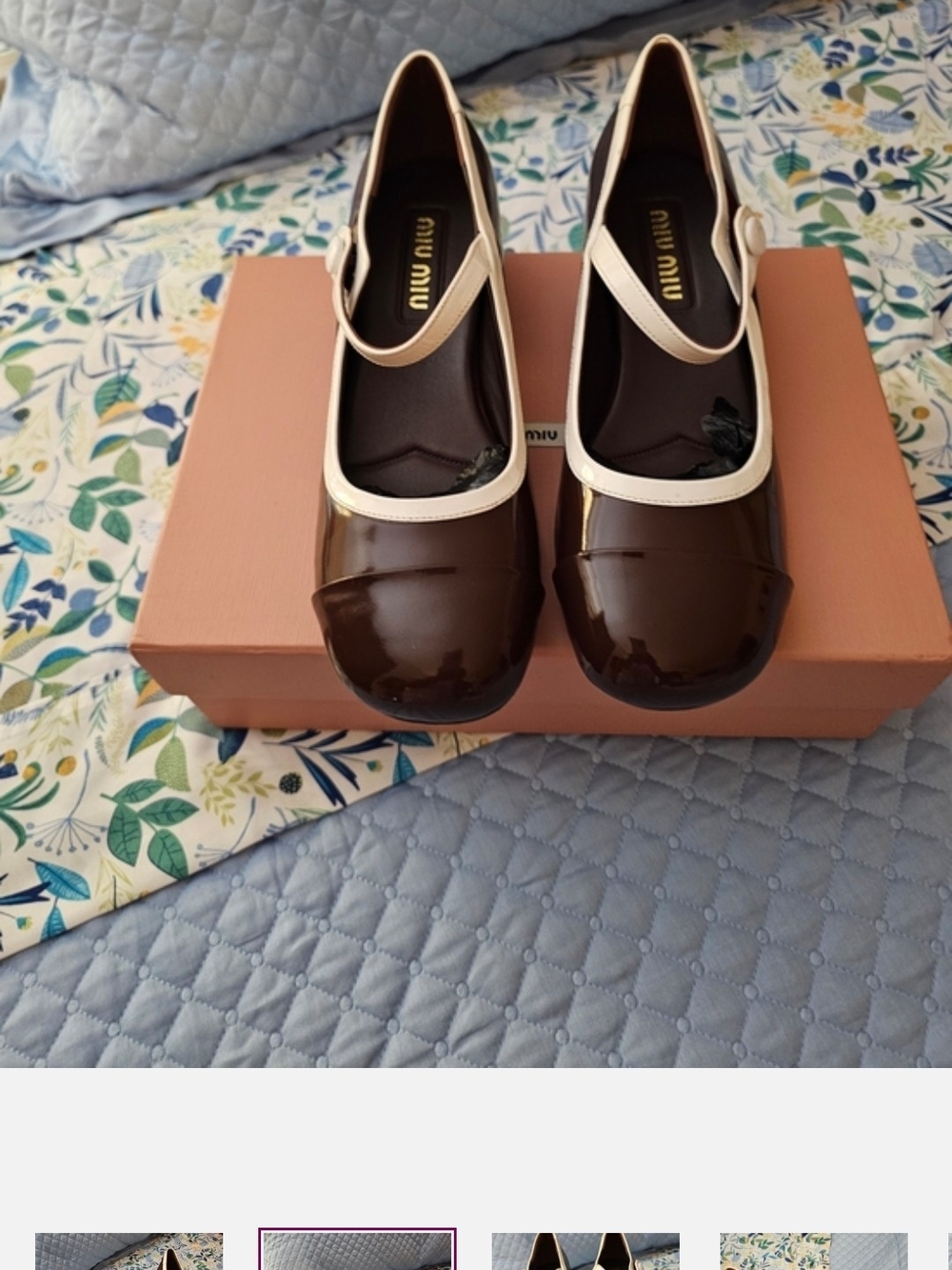 Miu Miu Patent Mary Jane Flats in Brown & Cream